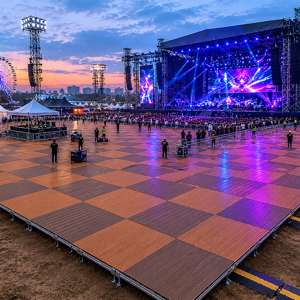 Portable Modular WPC Deck Platform, Quick Assembly Adjustable Height Outdoor Flooring Stage, Galvanized Steel Frame Interlocking WPC Deck Tiles for Event Stage, Camping, Backyard Patio