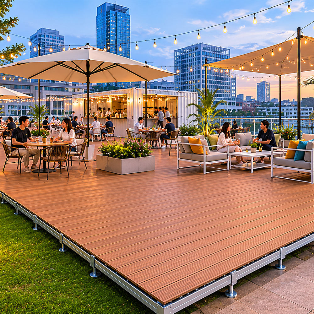 Portable Modular WPC Deck Platform, Quick Assembly Adjustable Height Outdoor Flooring Stage, Galvanized Steel Frame Interlocking WPC Deck Tiles for Event Stage, Camping, Backyard Patio