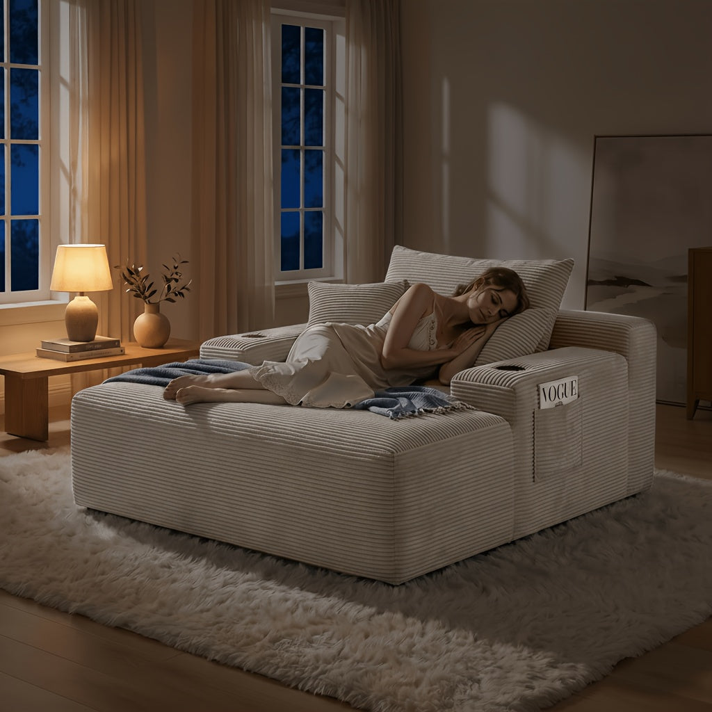 Oversized Corduroy Chaise Lounge Sofa, Pocket Spring Support Large Single Lazy Sofa for Living Room
