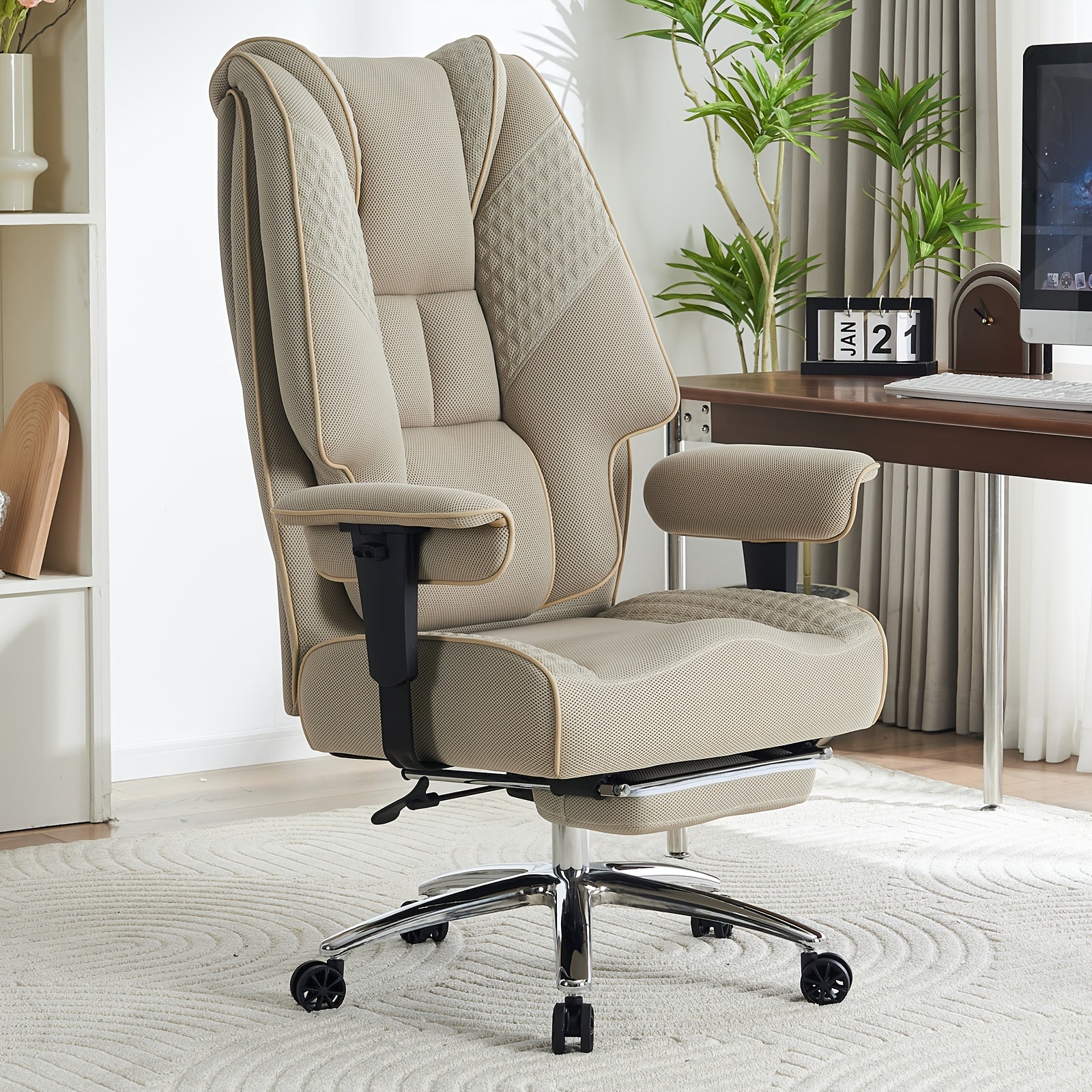 High Back PU Leather Executive Office Chair, 90‑145° Reclining Desk Chair with Retractable Footrest & Spring Cushion, Adjustable Armrest Computer Chair for Home Office