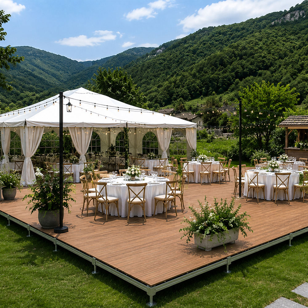 Portable Modular WPC Deck Platform, Quick Assembly Adjustable Height Outdoor Flooring Stage, Galvanized Steel Frame Interlocking WPC Deck Tiles for Event Stage, Camping, Backyard Patio