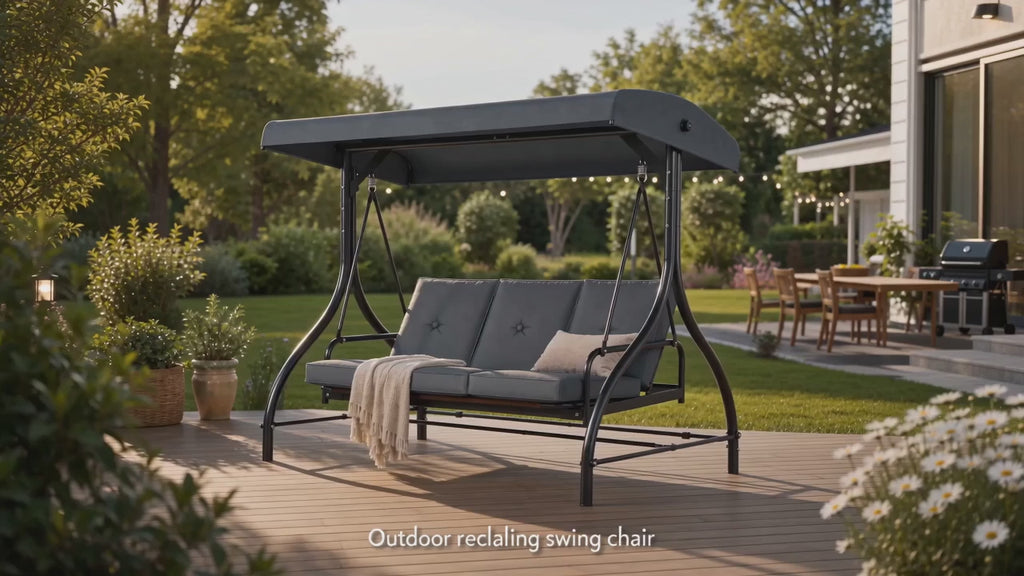 3‑Person Outdoor Patio Swing Chair with Adjustable Canopy, Convertible Swing Bed with Waterproof Cushion & Heavy‑Duty Metal Frame for Garden Backyard Porch