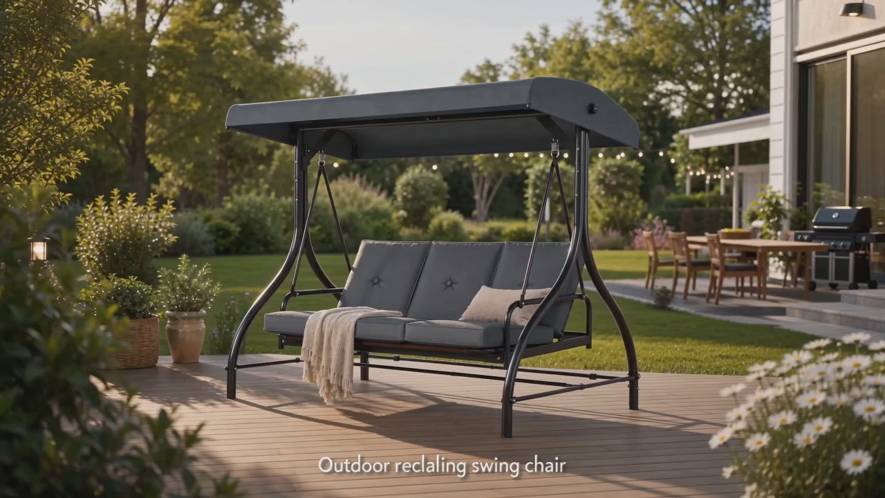 3‑Person Outdoor Patio Swing Chair with Adjustable Canopy, Convertible Swing Bed with Waterproof Cushion & Heavy‑Duty Metal Frame for Garden Backyard Porch