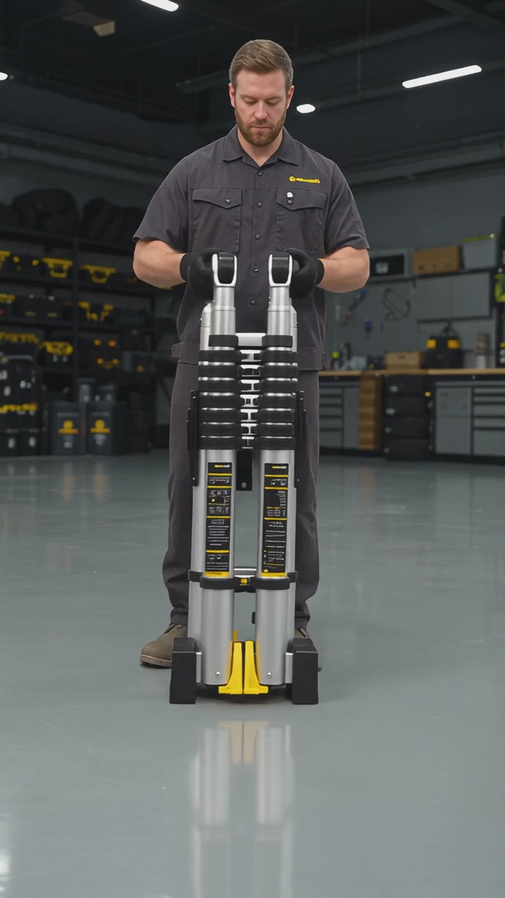 4‑in‑1 Multi‑Mode Telescopic Aluminium Ladder, 7.3M Max Extension Folding Transformable Ladder with Transport Wheels, 150KG Heavy Duty Portable Step Ladder for Home & Commercial Work